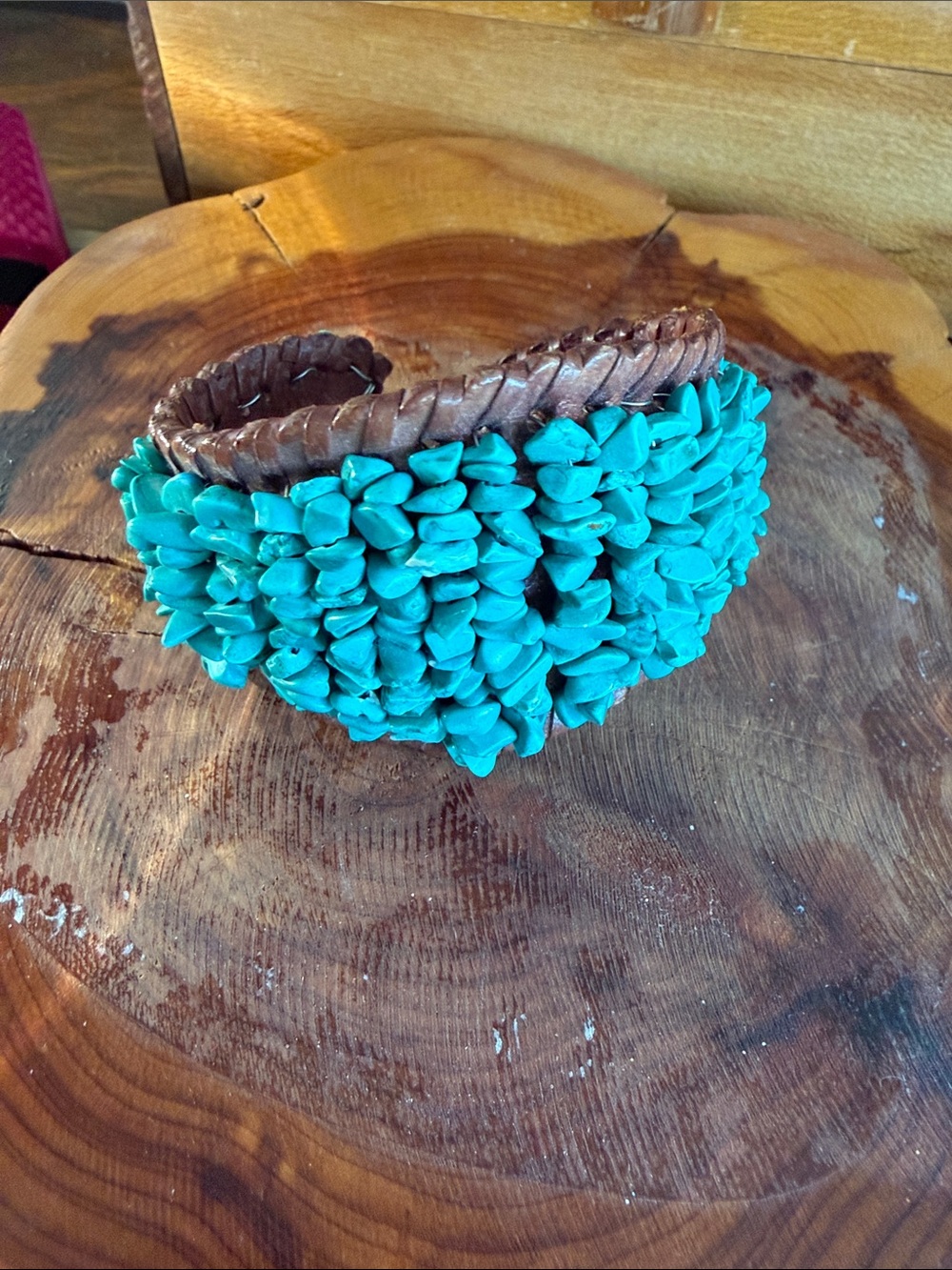 Handcrafted Turquoise Bead Cuff Bracelet with Braided Brown Band